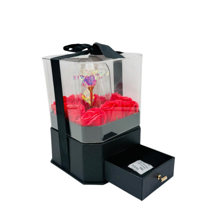 Cutie de Lux cu trandafiri de sapun si cupola led cu trandafir holografic, sertar pentru bijuterii,  19×14×14cm, en-gros
