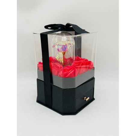 Cutie de Lux cu trandafiri de sapun si cupola led cu trandafir holografic, sertar pentru bijuterii,  19×14×14cm, en-gros