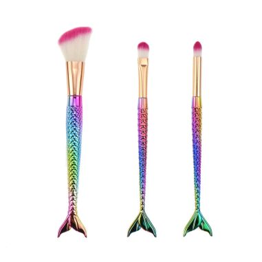 Set 3 Pensule pentru Machiaj Flippy, in Forma de Sirena, Electroplacate, Detalii Fine, Maner Ergonomic, Peri din Fibra Moale, Mu