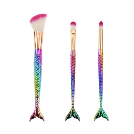 Set 3 Pensule pentru Machiaj Flippy, in Forma de Sirena, Electroplacate, Detalii Fine, Maner Ergonomic, Peri din Fibra Moale, Mu