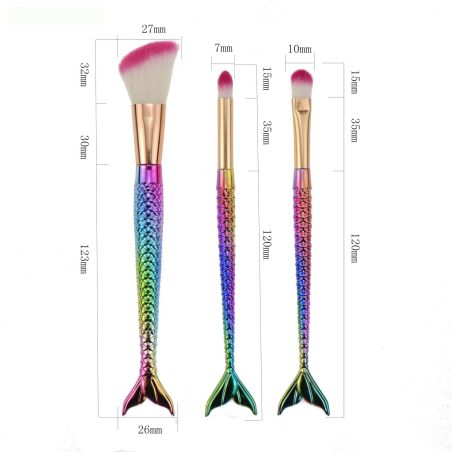 Set 3 Pensule pentru Machiaj Flippy, in Forma de Sirena, Electroplacate, Detalii Fine, Maner Ergonomic, Peri din Fibra Moale, Mu