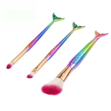 Set 3 Pensule pentru Machiaj Flippy, in Forma de Sirena, Electroplacate, Detalii Fine, Maner Ergonomic, Peri din Fibra Moale, Mu