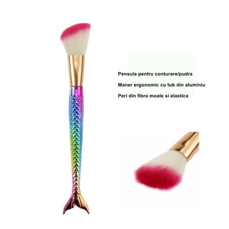 Set 3 Pensule pentru Machiaj Flippy, in Forma de Sirena, Electroplacate, Detalii Fine, Maner Ergonomic, Peri din Fibra Moale, Mu