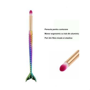 Set 3 Pensule pentru Machiaj Flippy, in Forma de Sirena, Electroplacate, Detalii Fine, Maner Ergonomic, Peri din Fibra Moale, Mu