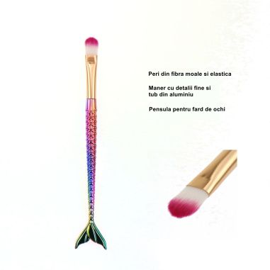 Set 3 Pensule pentru Machiaj Flippy, in Forma de Sirena, Electroplacate, Detalii Fine, Maner Ergonomic, Peri din Fibra Moale, Mu