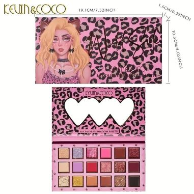Paleta de farduri Kevin&Coco, 18 nuante, imprimeu leopard-print roz, oglinda interioara, dreptunghiulara, 19 x 10 cm, 180 g, mul