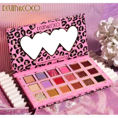 Paleta de farduri Kevin&Coco, 18 nuante, imprimeu leopard-print roz, oglinda interioara, dreptunghiulara, 19 x 10 cm, 180 g, mul