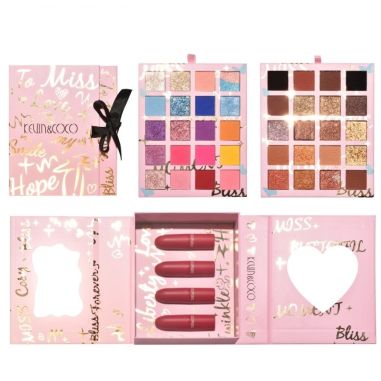 Set cosmetice Kevin&Coco, 4 Lip gloss, paleta farduri 40 culori nuante nude / rose, cutie cadou, Fara Sulfati, Pudra Compacta, C