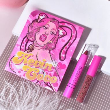 Set 4 Produse de Machiaj, KEVIN &amp; COCO, Pink Loving-heart Leopard Girl, 18 culori, 20.5 x 18.2 x 2.2 cm