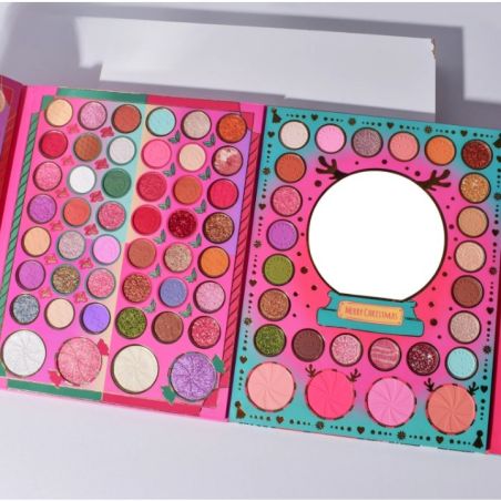 Set de Machiaj Kevin&Coco, 72 de Culori, Paleta de Farduri, Iluminatoare, Blush, Model Christmas Babe, Oglinda Rotunda, 25.5x20x
