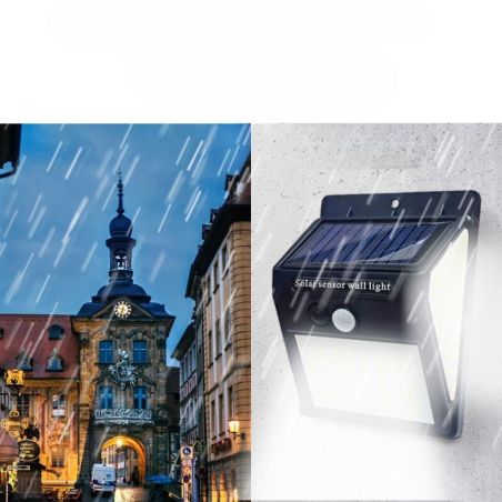 Lampa cu incarcare solara si senzor de miscare pentru exterior, 64 LED cu distanta de inductie, montaj pe perete, fara cabluri, 