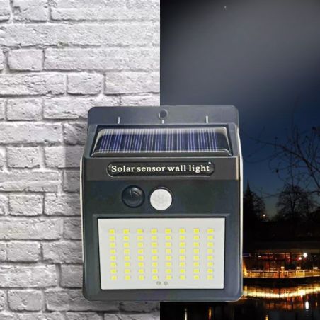 Lampa cu incarcare solara si senzor de miscare pentru exterior, 64 LED cu distanta de inductie, montaj pe perete, fara cabluri, 