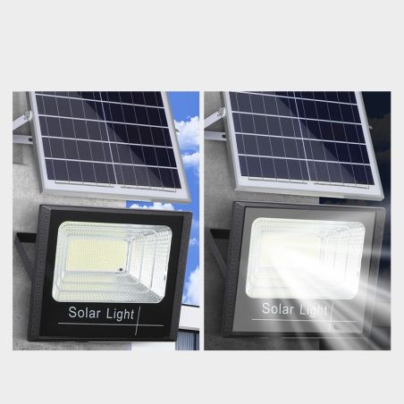 Proiector LED SMD 65W cu incarcare solara Flippy, panou solar, cu telecomanda, suport prindere, material ABS, 3AH, 114 LED-uri, 