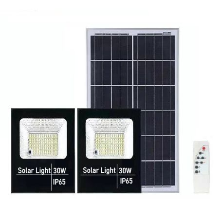 Set 2 proiectoare LED SMD 30W cu incarcare solara Flippy, panou solar, cu telecomanda, suport prindere, material ABS, 1.2AH, 200