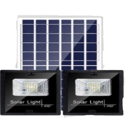 Set 2 proiectoare LED SMD 30W cu incarcare solara Flippy, panou solar, cu telecomanda, suport prindere, material ABS, 1.2AH, 200