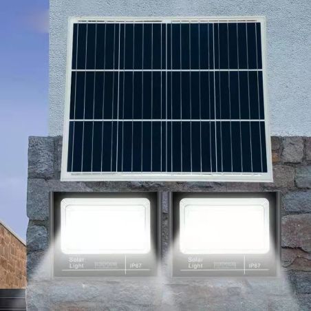 Set 2 proiectoare LED SMD 30W cu incarcare solara Flippy, panou solar, cu telecomanda, suport prindere, material ABS, 1.2AH, 200