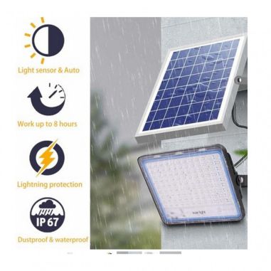 Proiector LED cu Panou Solar Flippy, Senzor de lumina, Waterproof, 140 LED-uri incorporate, 65W, 19.5x17 cm, 3000 mAh, IP67, Des