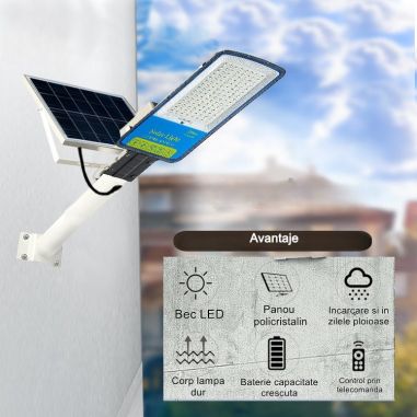 Lampa solara stradala Flippy, IP66, senzor de lumina, 240 LED-uri SMD, 3200 lm, panou 35W, putere 400W, autonomie 12-16 ore, tel