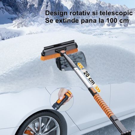 Lopata pentru zapada Flippy, 3 in 1, Perie si Racleta, Rotativa, Telescopica, Detasabila, Material Aluminiu si ABS, 100 x 25 cm,