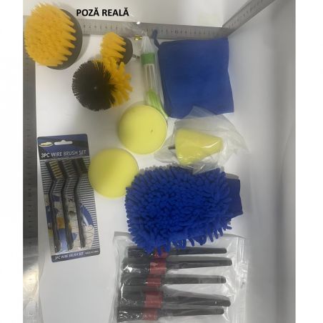 Set 17 Accesorii pentru Curatare Auto, Flippy, Interior si Exterior, 4 Capete pentru Bormasina, 5 Pensule, 3 Perii, 1 Laveta, 1 
