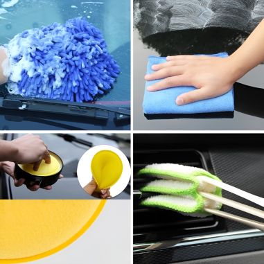 Set 17 Accesorii pentru Curatare Auto, Flippy, Interior si Exterior, 4 Capete pentru Bormasina, 5 Pensule, 3 Perii, 1 Laveta, 1 