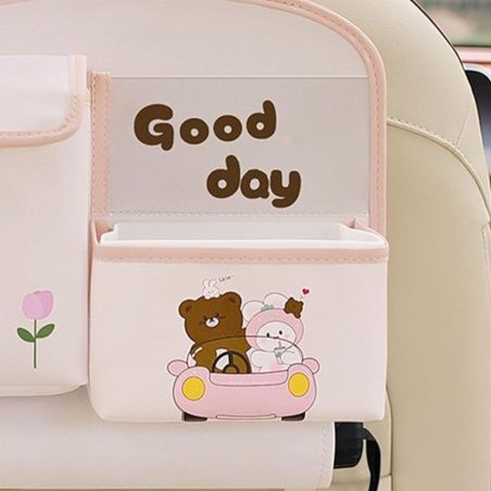 Geanta Multifunctionala de Depozitare, Flippy, pentru Bancheta din Spate a Masinii, Animat, Model Ursuleti, Scris Good Day, Supo
