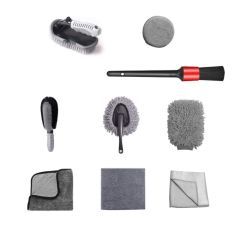 Set 9 Piese pentru Spalat Auto, Flippy, din Plastic si Microfibra, Perii si Lavete, Model A, Gri