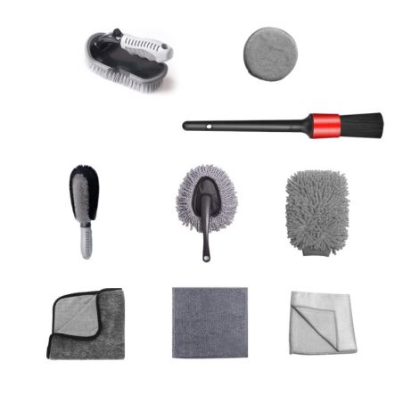 Set 9 Piese pentru Spalat Auto, Flippy, din Plastic si Microfibra, Perii si Lavete, Model A, Gri