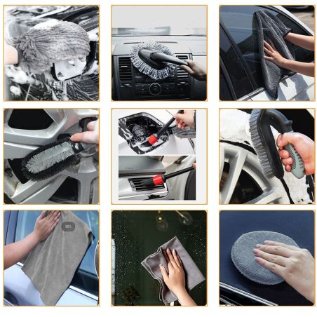 Set 9 Piese pentru Spalat Auto, Flippy, din Plastic si Microfibra, Perii si Lavete, Model A, Gri