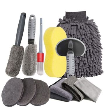 Set 12 Accesorii pentru Curatare Auto, Flippy, Interior si Exterior, Curatare Jante, Cauciucuri, Gri