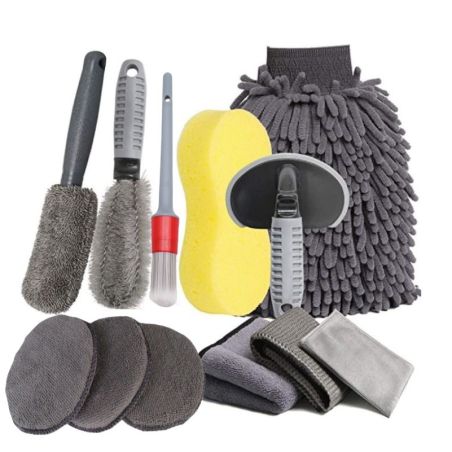Set 12 Accesorii pentru Curatare Auto, Flippy, Interior si Exterior, Curatare Jante, Cauciucuri, Gri
