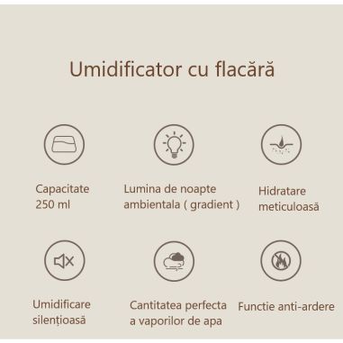 Umidificator de tip flacara, Flippy, cu aromaterapie, 7 culori, 250 ml, negru