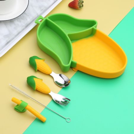 Set diversificare bebelusi Flippy, din silicon, 23.5 x 12.5 cm, 1 farfurie compartimentata in forma de porumb, lingurita si furc