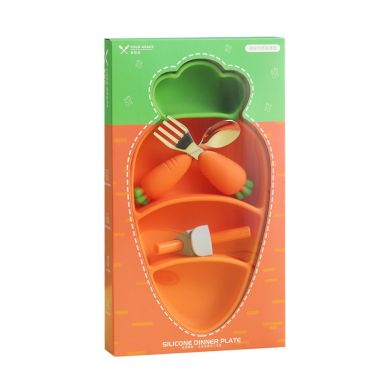 Set diversificare bebelusi Flippy, din silicon, 23.5 x 12.5 cm, 1 farfurie compartimentata in forma de morcov, lingurita si furc