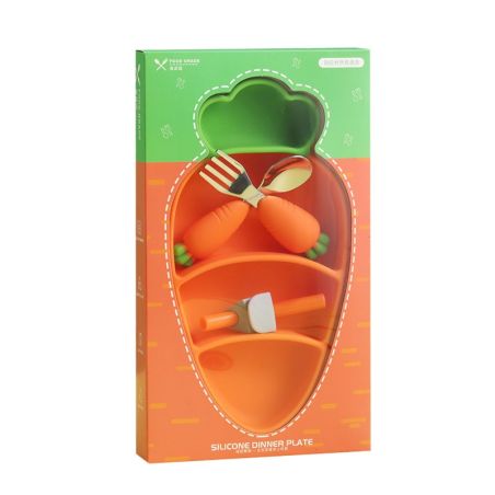 Set diversificare bebelusi Flippy, din silicon, 23.5 x 12.5 cm, 1 farfurie compartimentata in forma de morcov, lingurita si furc