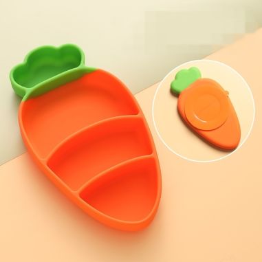 Set diversificare bebelusi Flippy, din silicon, 23.5 x 12.5 cm, 1 farfurie compartimentata in forma de morcov, lingurita si furc