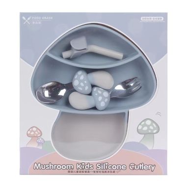 Set diversificare bebelusi Flippy, din silicon, 18 x 19.5 cm, 1 farfurie compartimentata in formade ciuperca, lingurita si furcu