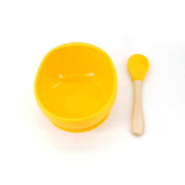 Set 2 piese diversificare bebelusi si copii din silicon Flippy, bol cu ventuza, lingurita din lemn si silicon, pentru gustari, f
