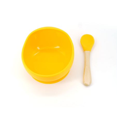 Set 2 piese diversificare bebelusi si copii din silicon Flippy, bol cu ventuza, lingurita din lemn si silicon, pentru gustari, f