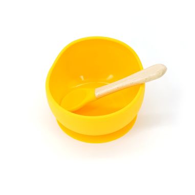 Set 2 piese diversificare bebelusi si copii din silicon Flippy, bol cu ventuza, lingurita din lemn si silicon, pentru gustari, f