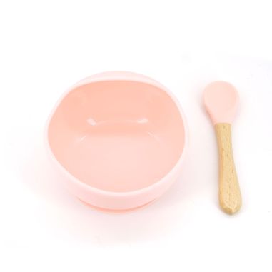 Set 2 piese diversificare bebelusi si copii din silicon Flippy, bol cu ventuza, lingurita din lemn si silicon, pentru gustari, f