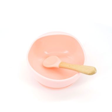 Set 2 piese diversificare bebelusi si copii din silicon Flippy, bol cu ventuza, lingurita din lemn si silicon, pentru gustari, f