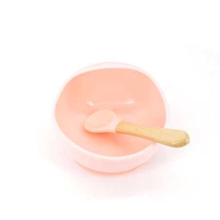 Set 2 piese diversificare bebelusi si copii din silicon Flippy, bol cu ventuza, lingurita din lemn si silicon, pentru gustari, f