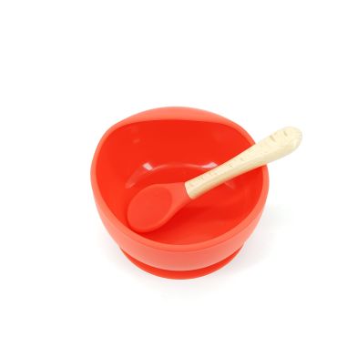 Set 2 piese diversificare bebelusi si copii din silicon Flippy, bol cu ventuza, lingurita din lemn si silicon, pentru gustari, f