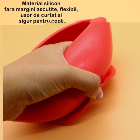 Set 2 piese diversificare bebelusi si copii din silicon Flippy, bol cu ventuza, lingurita din lemn si silicon, pentru gustari, f