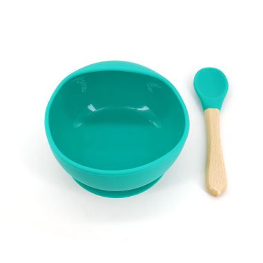 Set 2 piese diversificare bebelusi si copii din silicon Flippy, bol cu ventuza, lingurita din lemn si silicon, pentru gustari, f