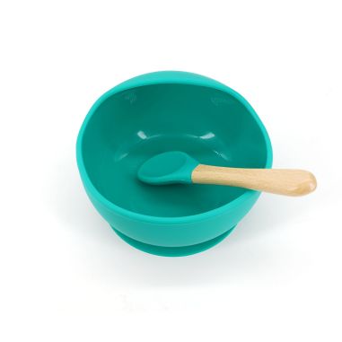 Set 2 piese diversificare bebelusi si copii din silicon Flippy, bol cu ventuza, lingurita din lemn si silicon, pentru gustari, f