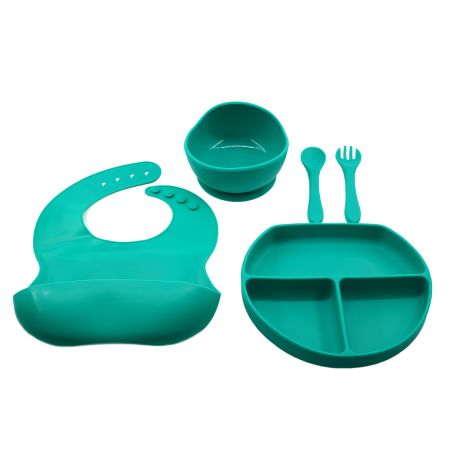 Set 5 piese diversificare bebelusi si copii din silicon Flippy, baveta, farfurie compartimentata cu ventuza, bol cu ventuza, tac