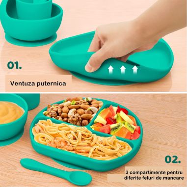 Set 5 piese diversificare bebelusi si copii din silicon Flippy, baveta, farfurie compartimentata cu ventuza, bol cu ventuza, tac