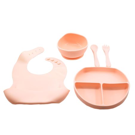 Set 5 piese diversificare bebelusi si copii din silicon Flippy, baveta, farfurie compartimentata cu ventuza, bol cu ventuza, tac
